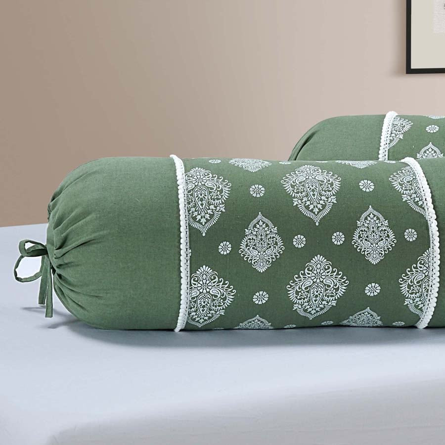 Gharana Bolster Cover White and Green - 10501