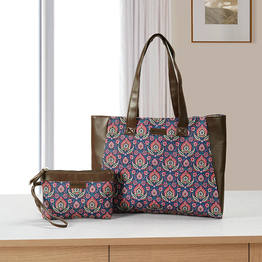 COMBO-ROYAL ETHNIC DESIGN TOTE BAG WITH COORDINATED POUCH