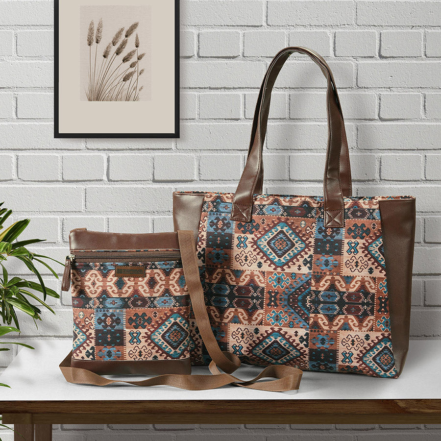 COMBO-AZTEC DESIGN TOTE BAG WITH COORDINATED SATCHEL