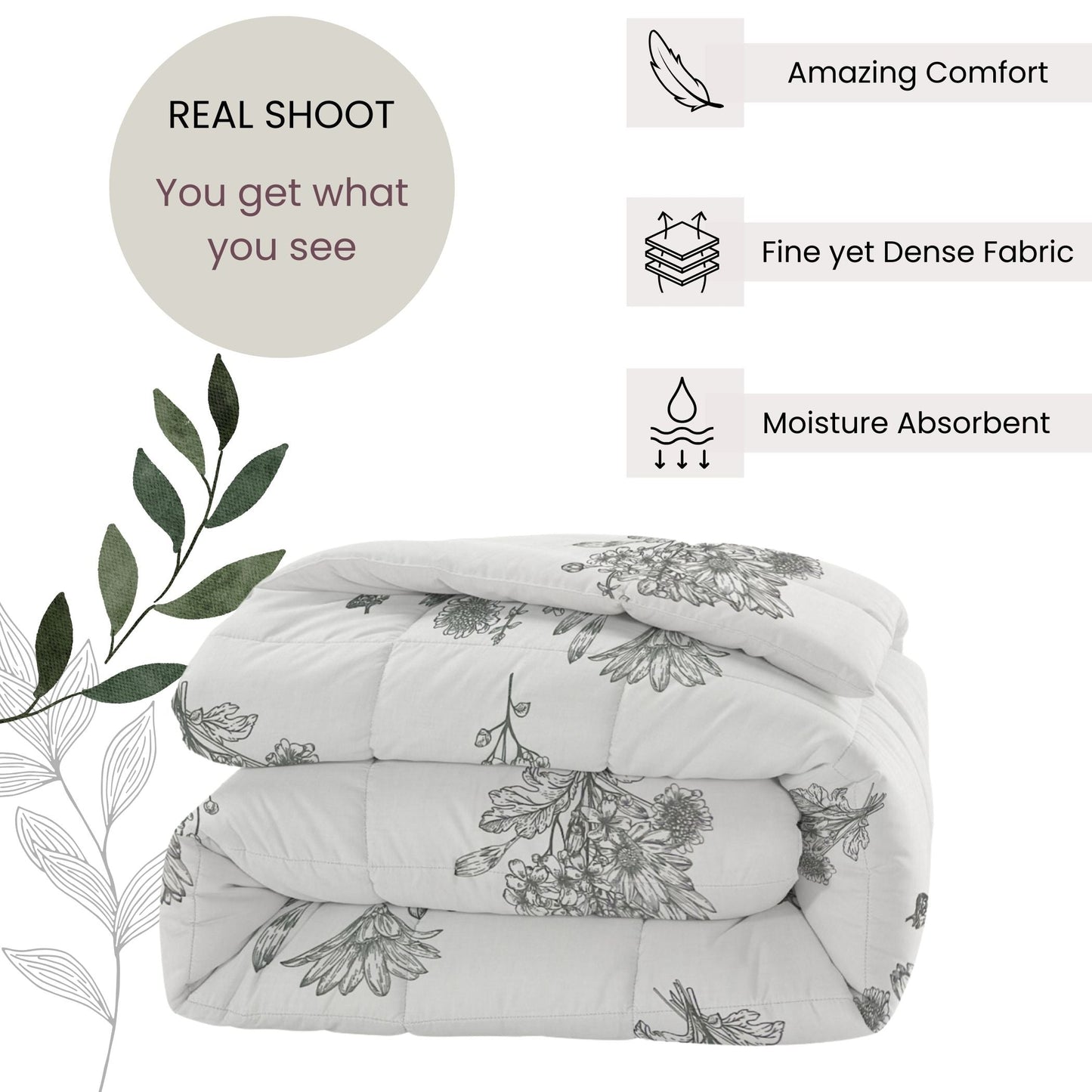 Elegant Grey Floral Printed Double Bed Dohar - 150TC (90 × 100 Inches)