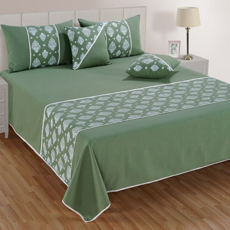 Swayam Block printed green bed cover set-10501