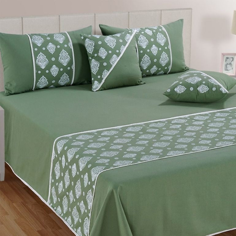 Swayam Block printed green bed cover set-10501