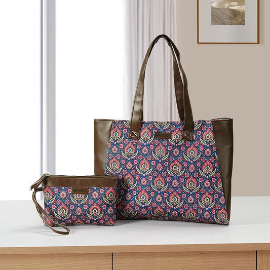 COMBO-ROYAL ETHNIC DESIGN TOTE BAG WITH COORDINATED POUCH