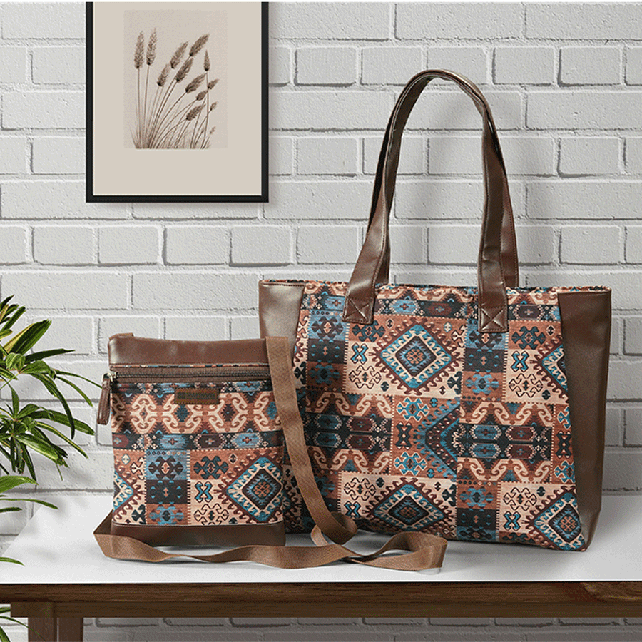 COMBO-AZTEC DESIGN TOTE BAG WITH COORDINATED SATCHEL