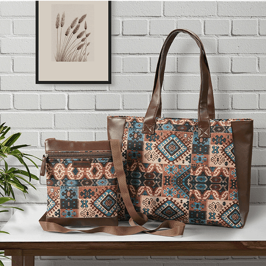 COMBO-AZTEC DESIGN TOTE BAG WITH COORDINATED SATCHEL