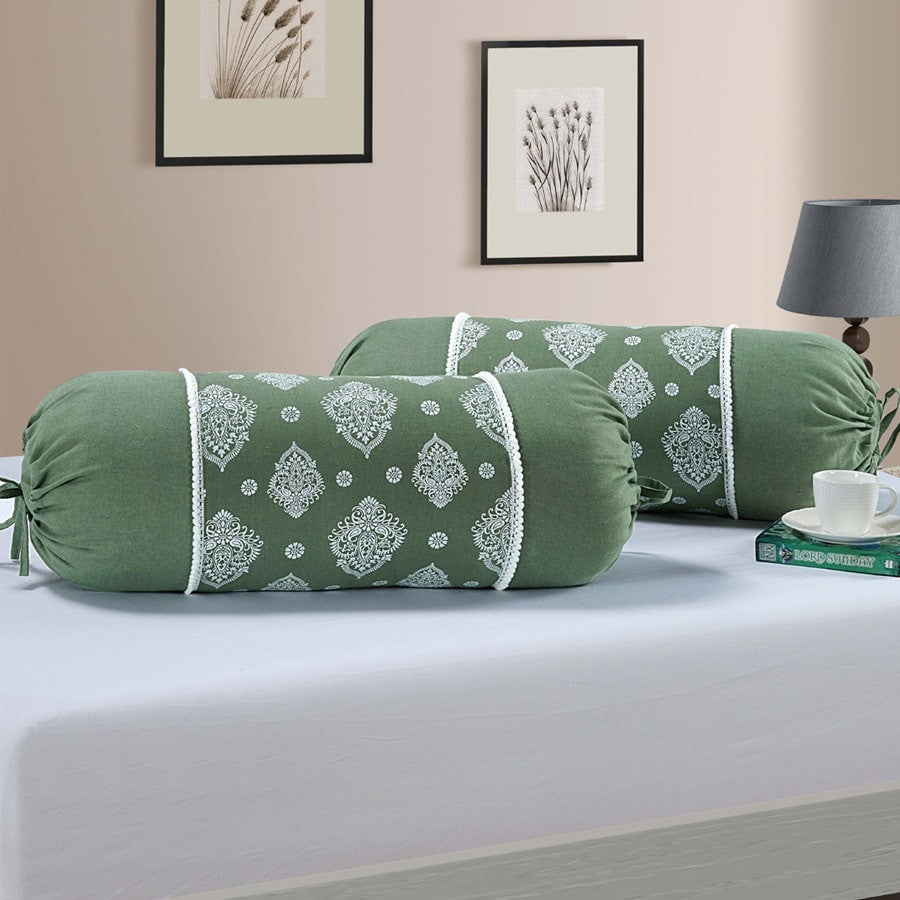 Gharana Bolster Cover White and Green - 10501