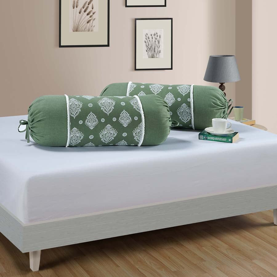 Gharana Bolster Cover White and Green - 10501