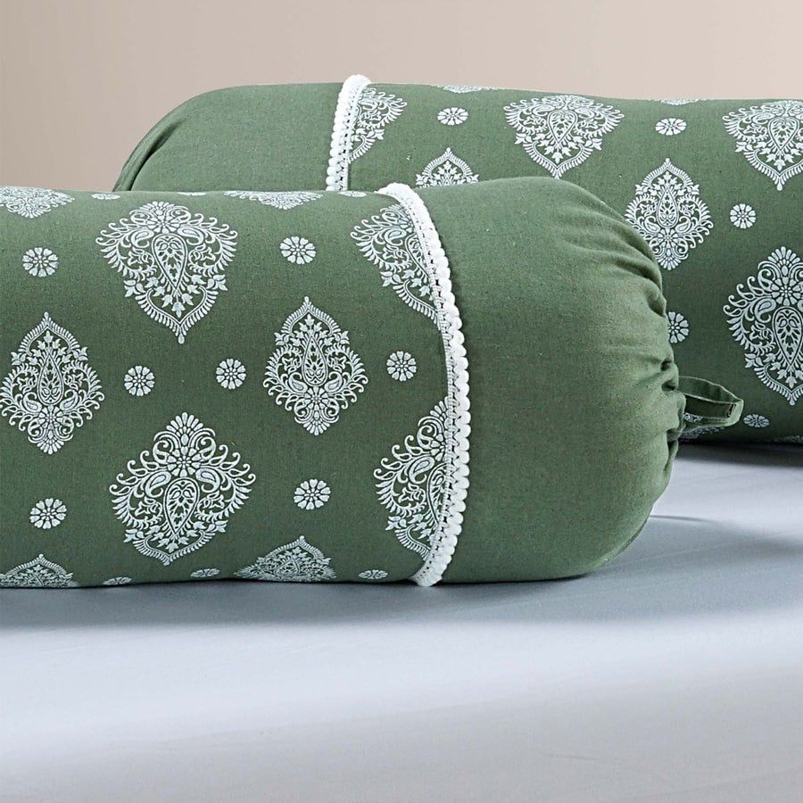 Gharana Bolster Cover White and Green - 10501