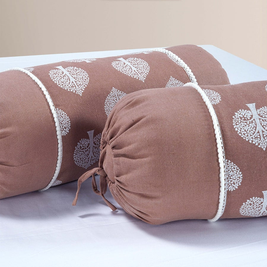 Gharana Bolster Cover Brown & White - 10502