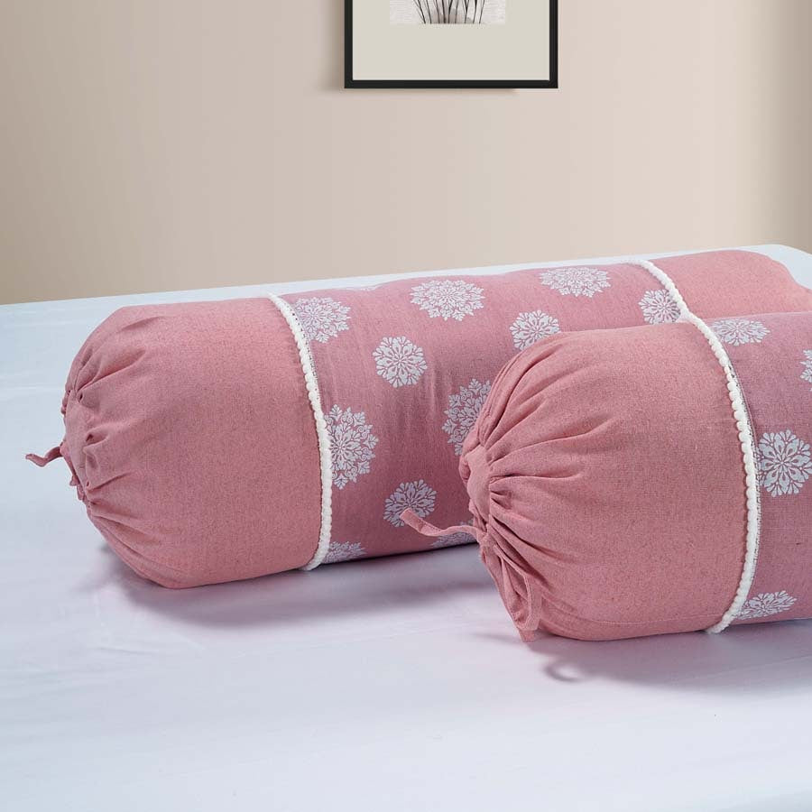 Gharana Bolster Cover Peach and White - 10504