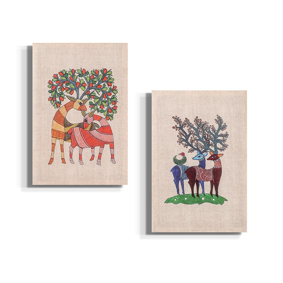 Swayam Multicolor Gond Art Deer Ethnic Wallart Décor set-Set of 4 pcs