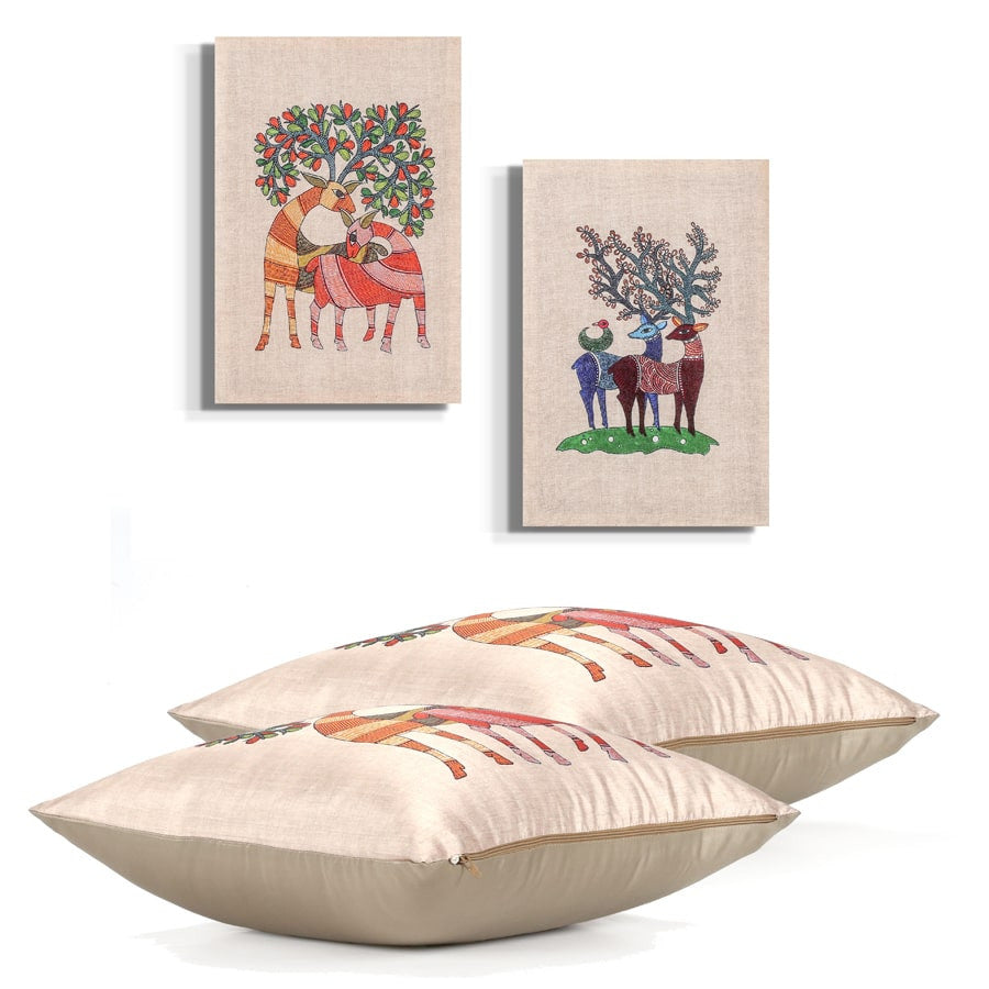 Swayam Multicolor Gond Art Deer Ethnic Wallart Décor set-Set of 4 pcs