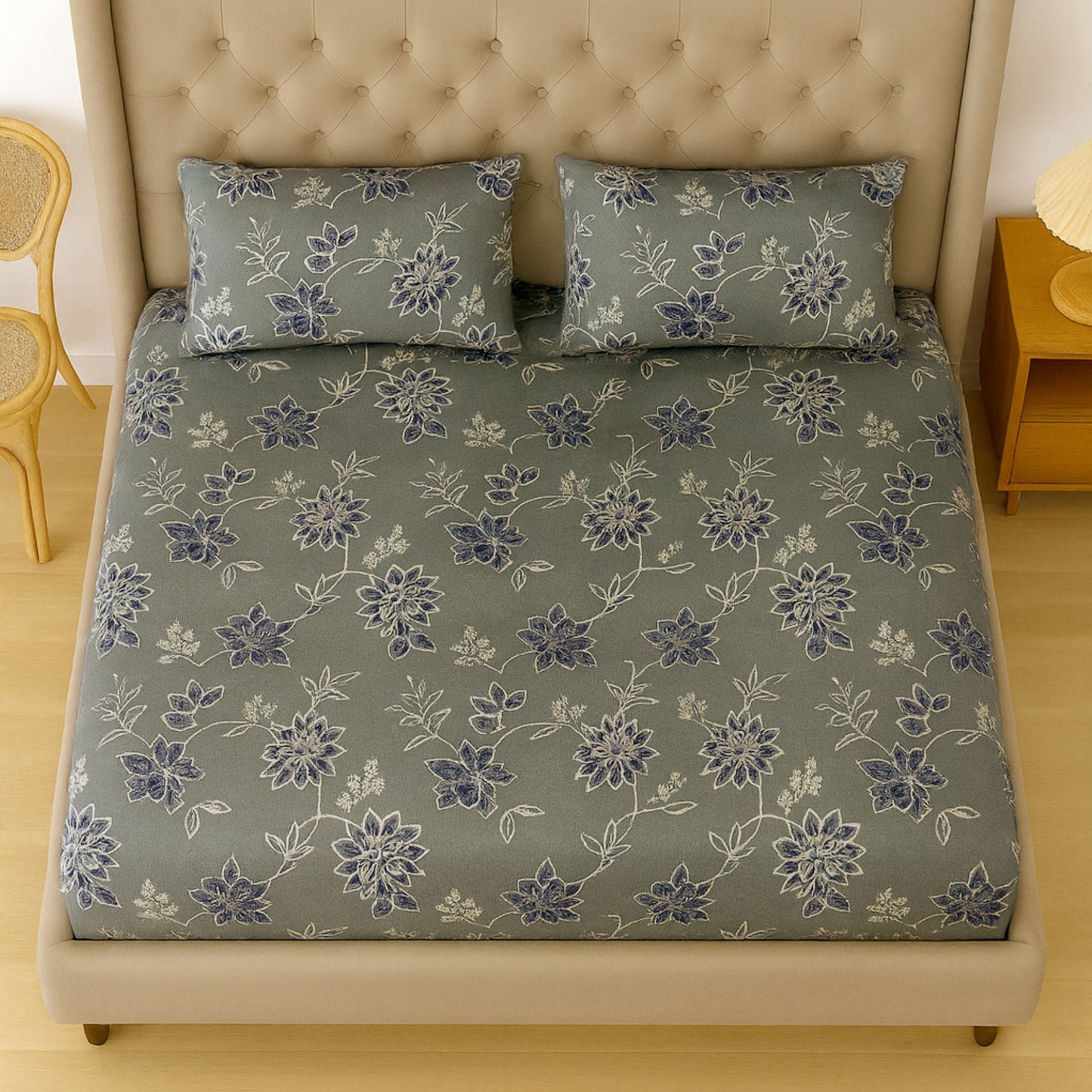 Swayam Olive Floral Double Bedsheet 200TC Blended Cotton Elegant Print