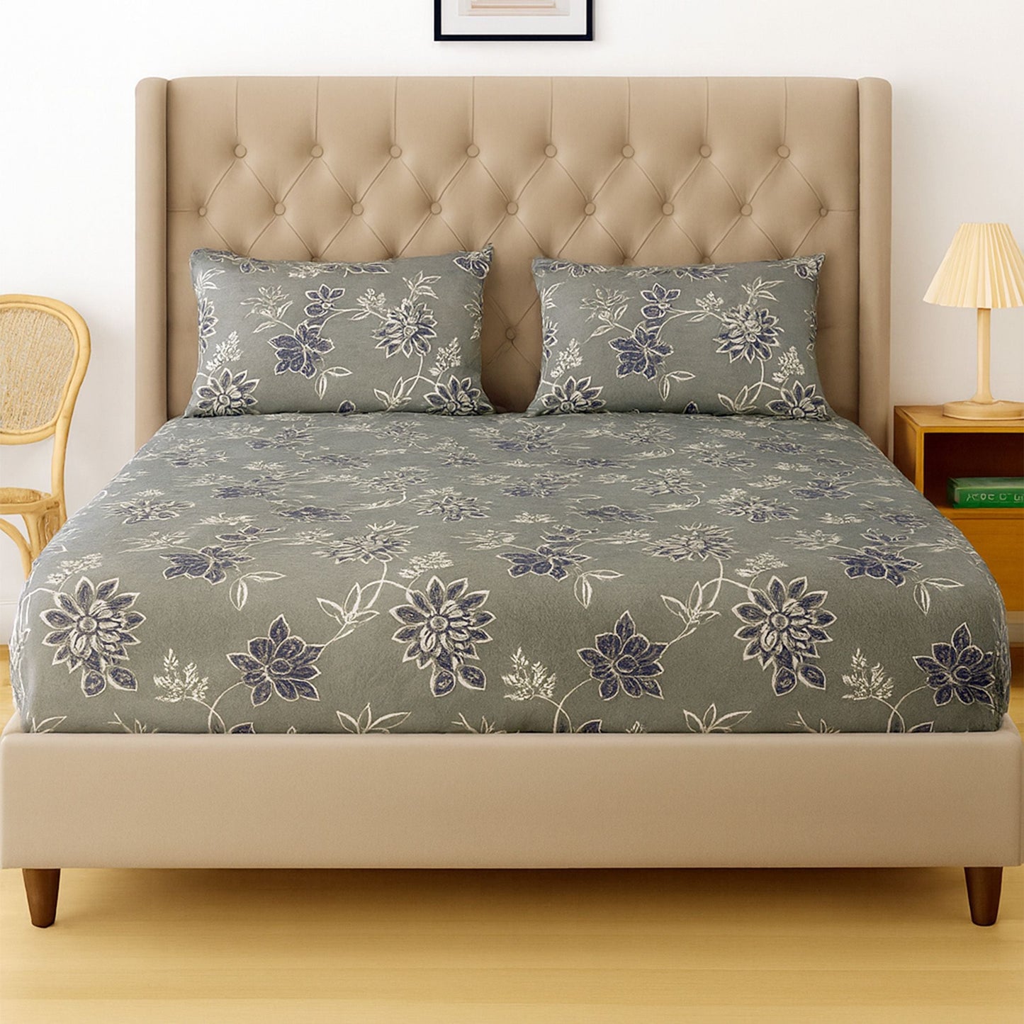 Swayam Olive Floral Double Bedsheet 200TC Blended Cotton Elegant Print