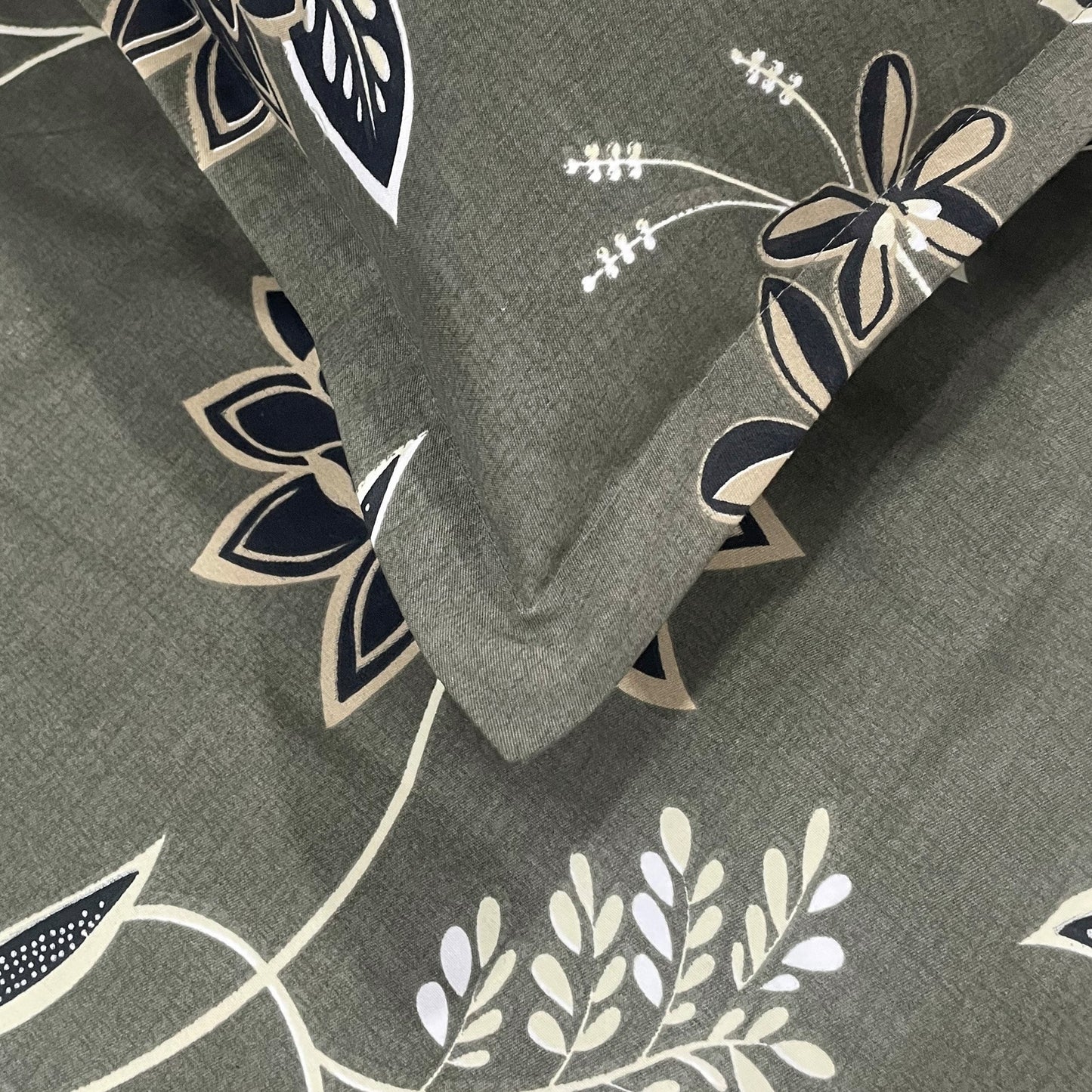 Swayam Olive Floral Double Bedsheet 200TC Blended Cotton Elegant Print
