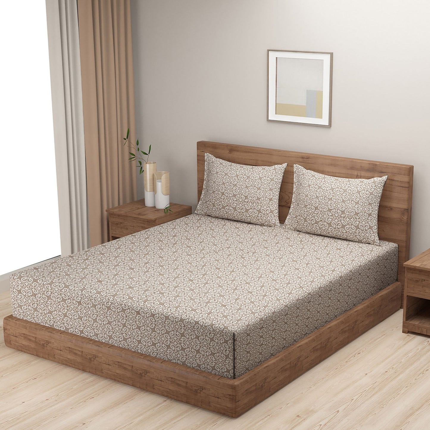 Swayam Brown Geometric Double Bedsheet 200TC Blended Cotton Soft & Durable