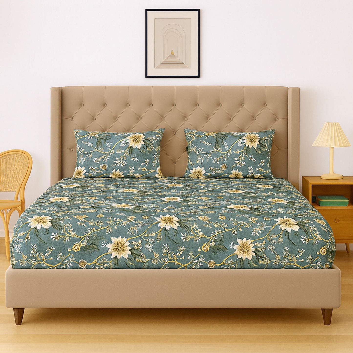 Swayam Green Floral Double Bedsheet 200TC Blended Cotton Stylish Design