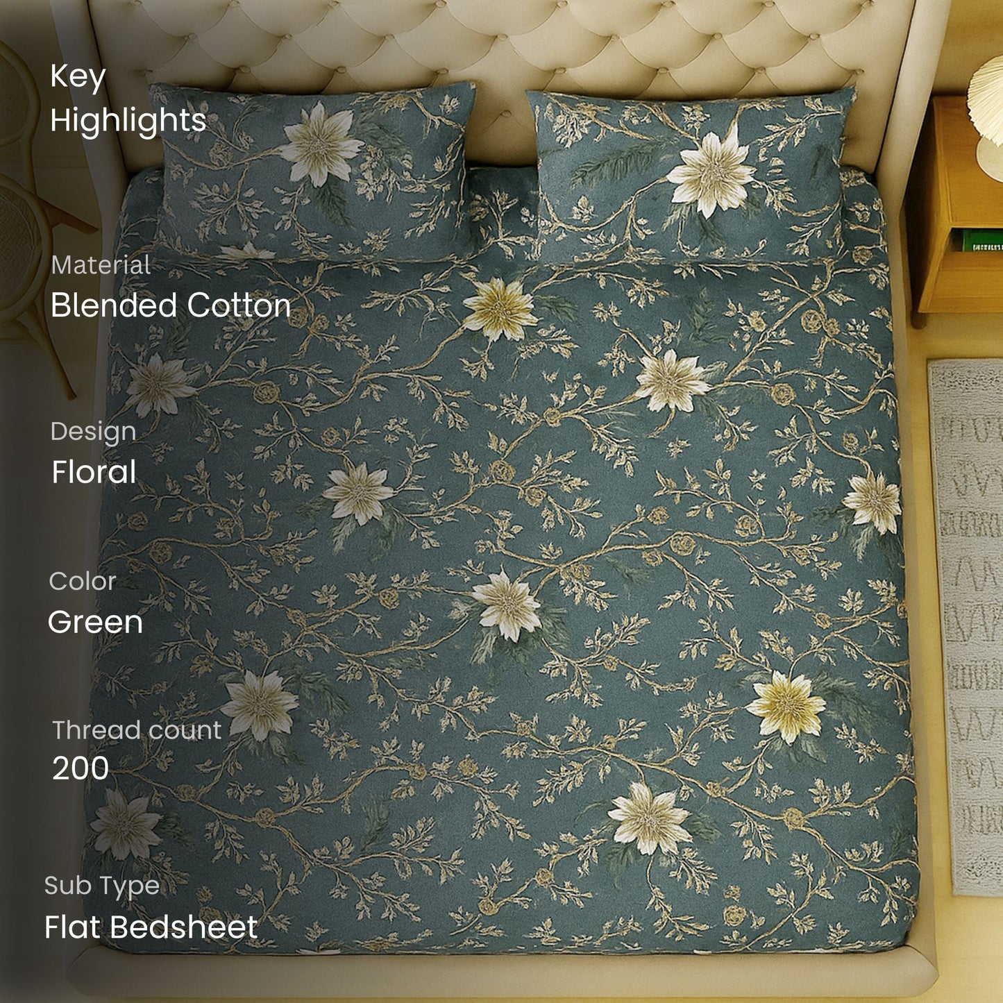 Swayam Green Floral Double Bedsheet 200TC Blended Cotton Stylish Design