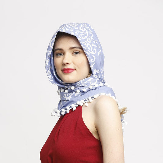 Swayam Multicolor Ethnic Blues and Whites Hand Printed Voile Scarf