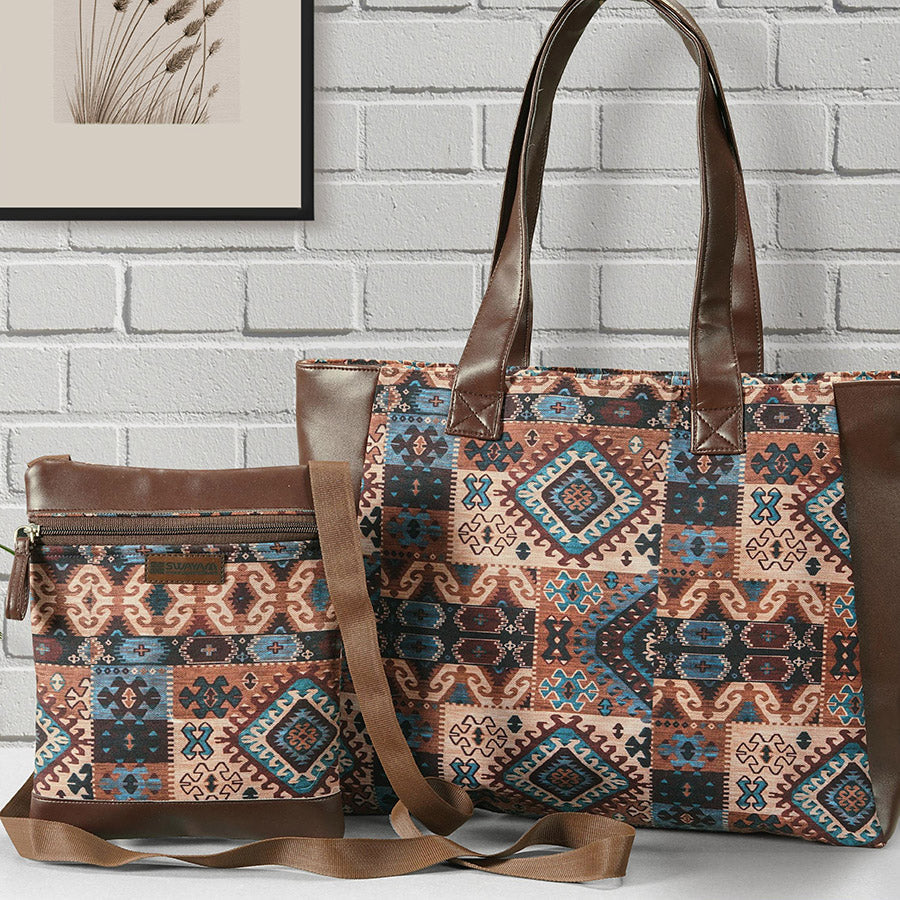 COMBO-AZTEC DESIGN TOTE BAG WITH COORDINATED SATCHEL