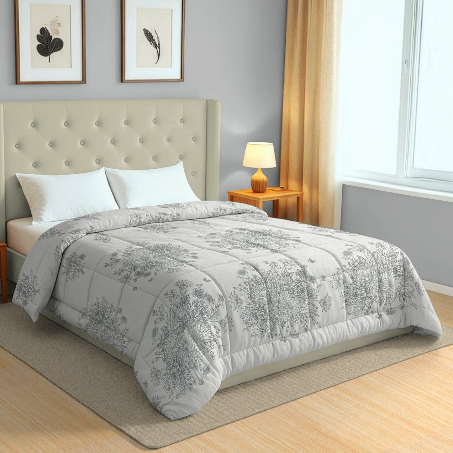 Elegant Grey Floral Printed Double Bed Dohar - 150TC (90 × 100 Inches)
