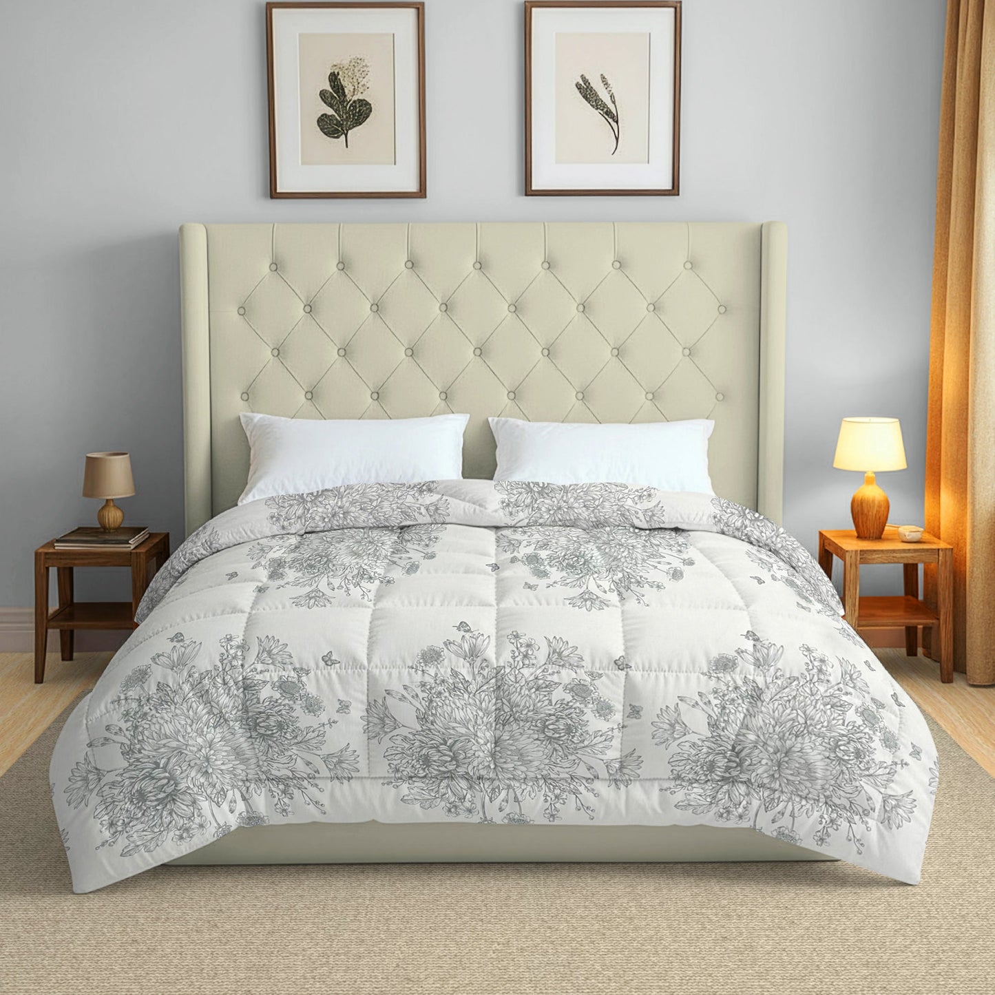 Elegant Grey Floral Printed Double Bed Dohar - 150TC (90 × 100 Inches)
