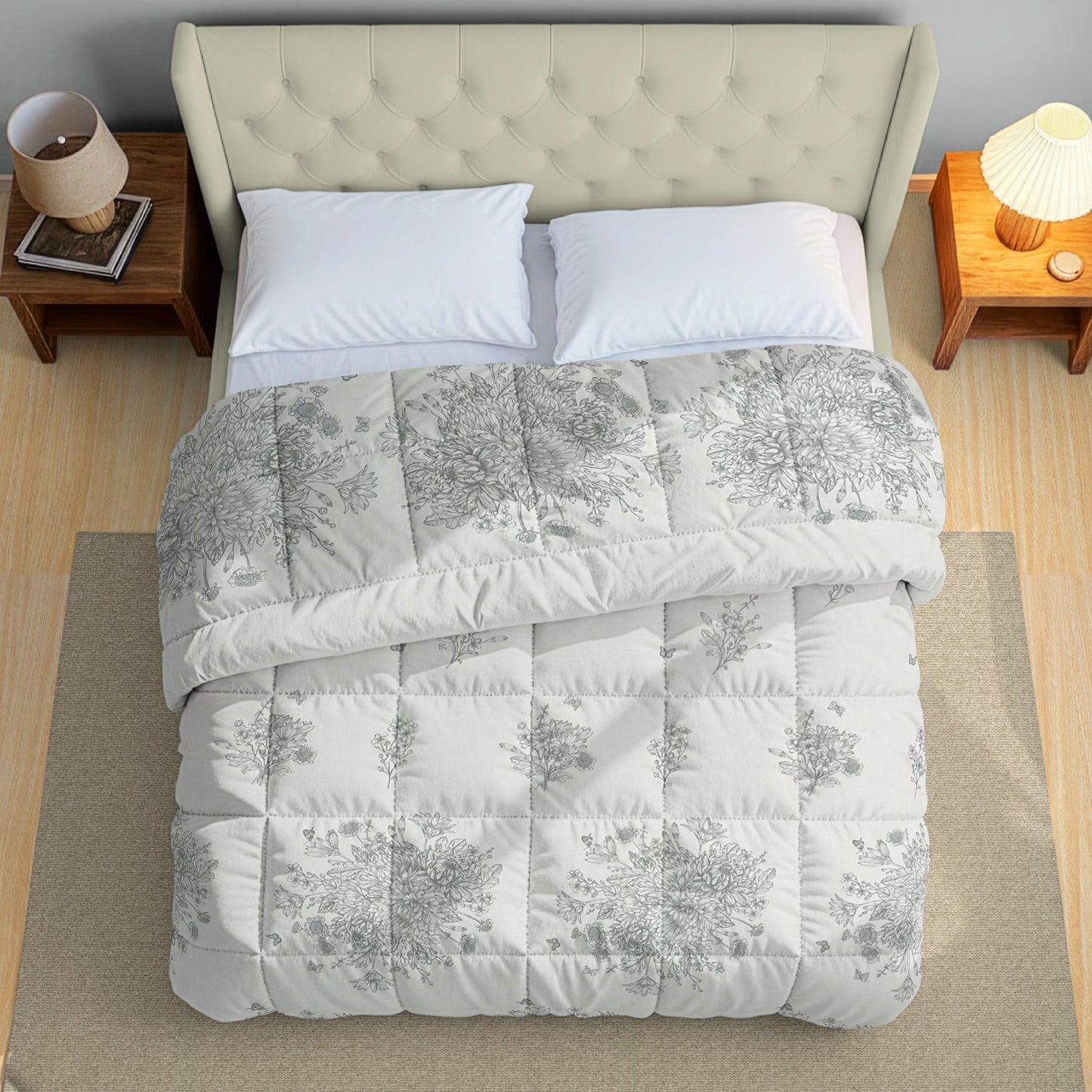 Elegant Grey Floral Printed Double Bed Dohar - 150TC (90 × 100 Inches)