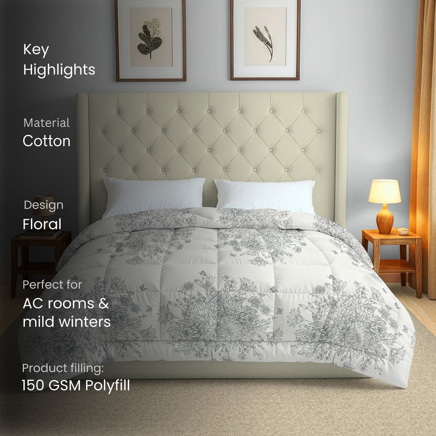Elegant Grey Floral Printed Double Bed Dohar - 150TC (90 × 100 Inches)