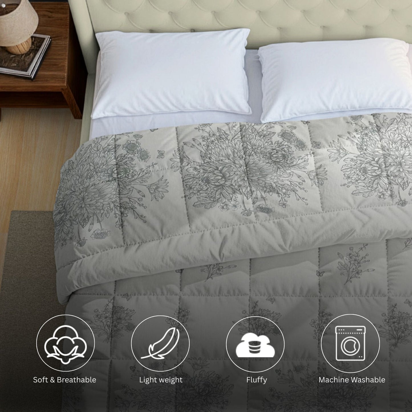 Elegant Grey Floral Printed Double Bed Dohar - 150TC (90 × 100 Inches)