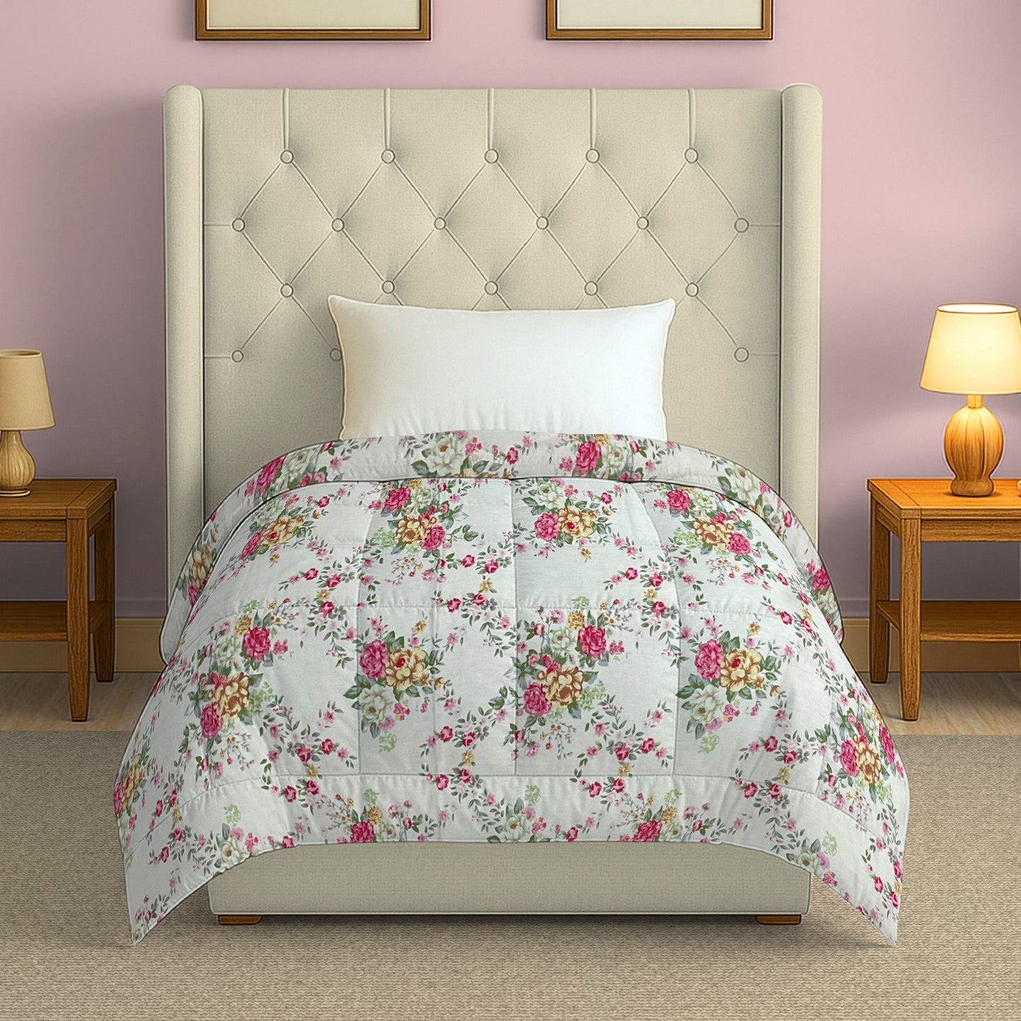 Pink Floral Printed Single Bed Dohar - Lightweight & Soft (60 × 90 Inches)