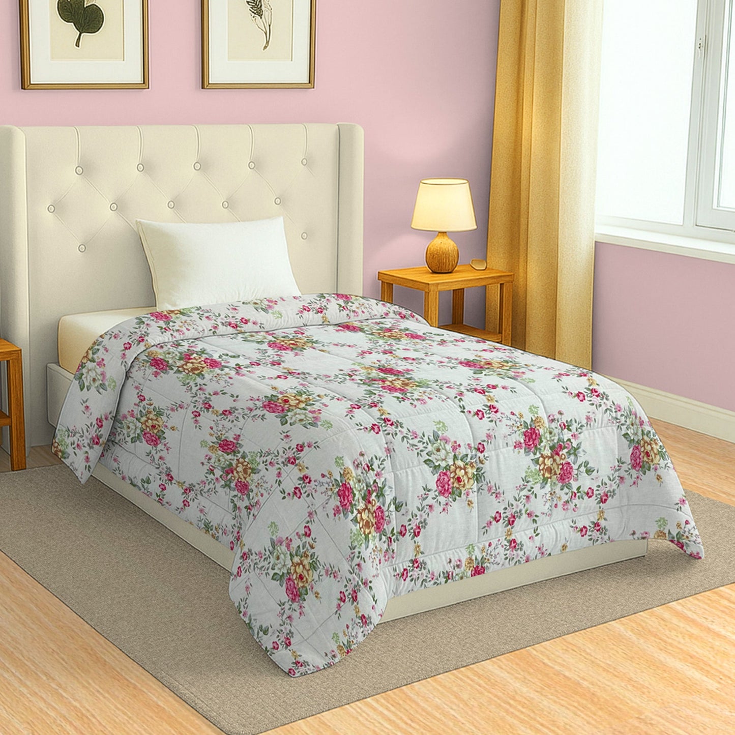 Pink Floral Printed Single Bed Dohar - Lightweight & Soft (60 × 90 Inches)