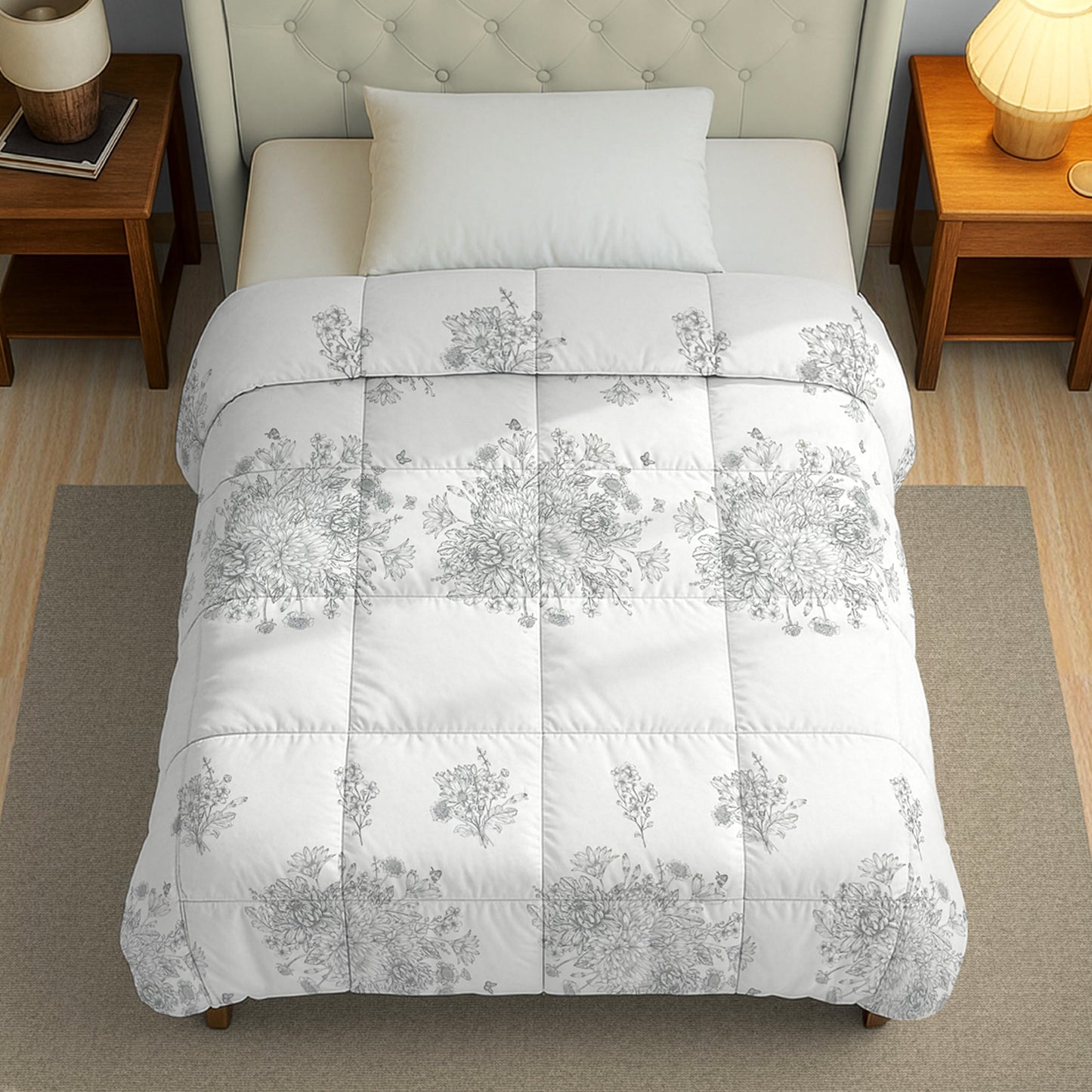 Elegant Grey Floral Printed Single  Bed Dohar - 150TC (90 × 100 Inches)
