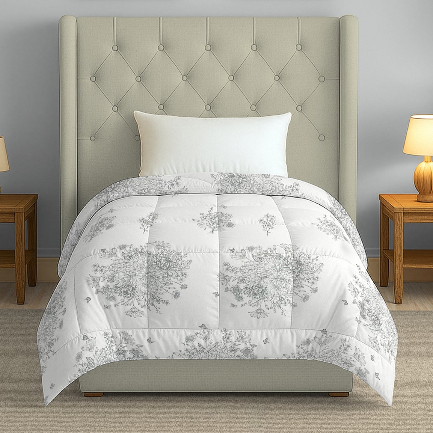 Elegant Grey Floral Printed Single  Bed Dohar - 150TC (90 × 100 Inches)