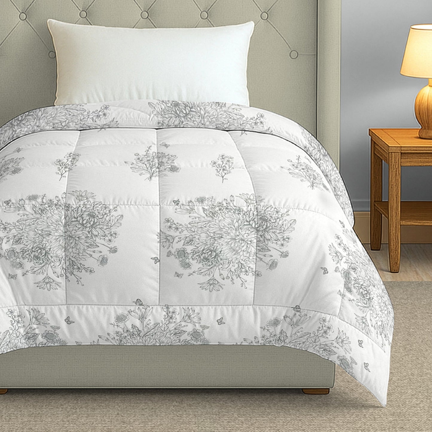 Elegant Grey Floral Printed Single  Bed Dohar - 150TC (90 × 100 Inches)