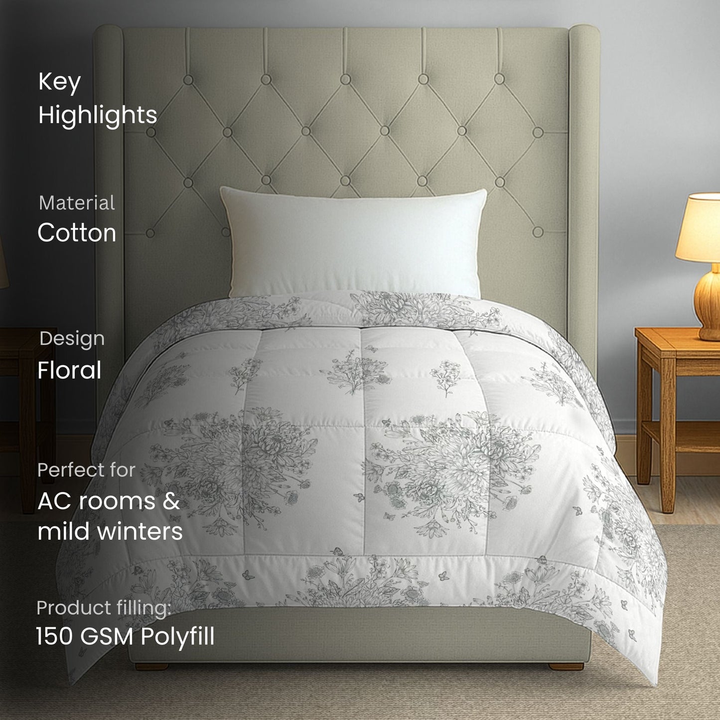 Elegant Grey Floral Printed Single  Bed Dohar - 150TC (90 × 100 Inches)
