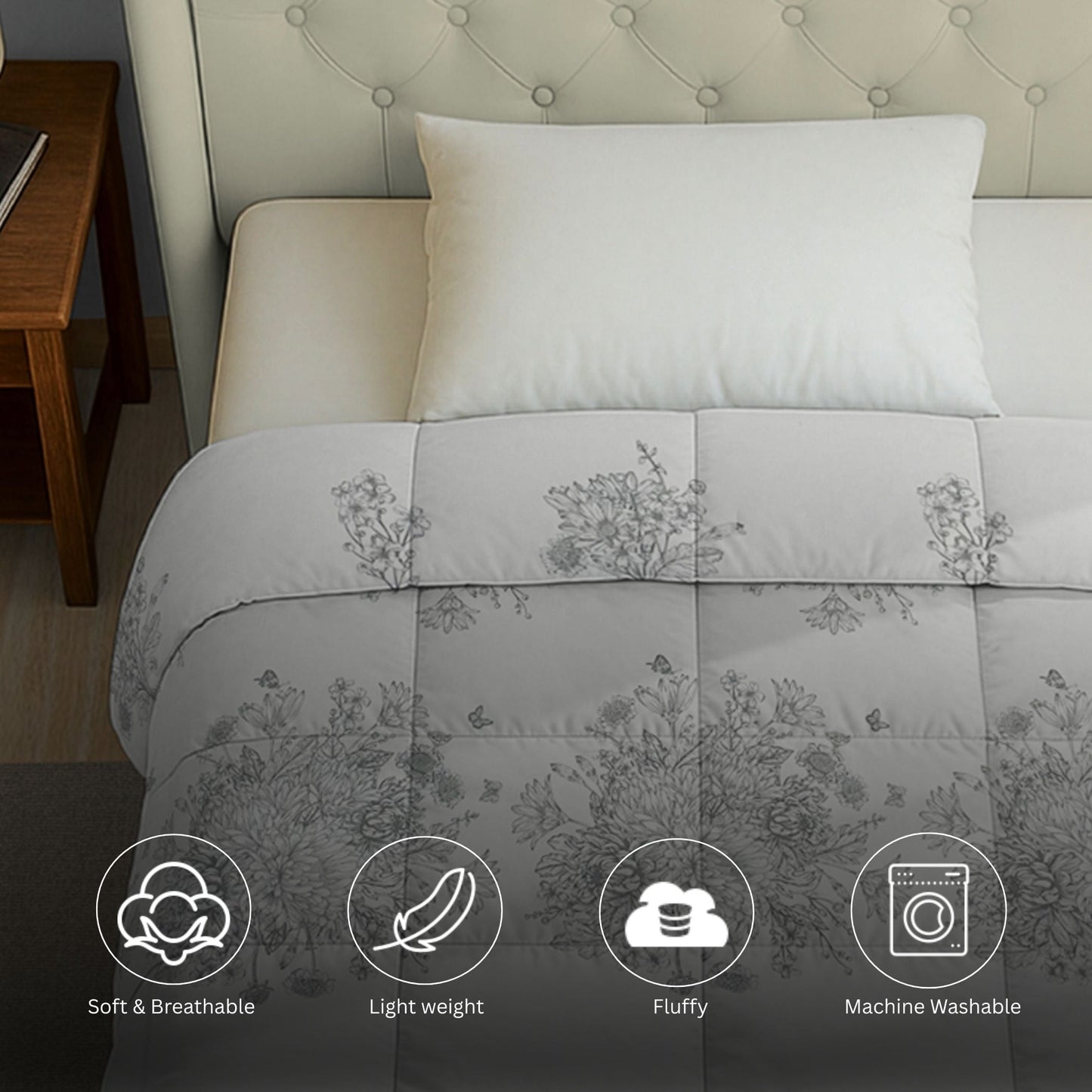 Elegant Grey Floral Printed Single  Bed Dohar - 150TC (90 × 100 Inches)