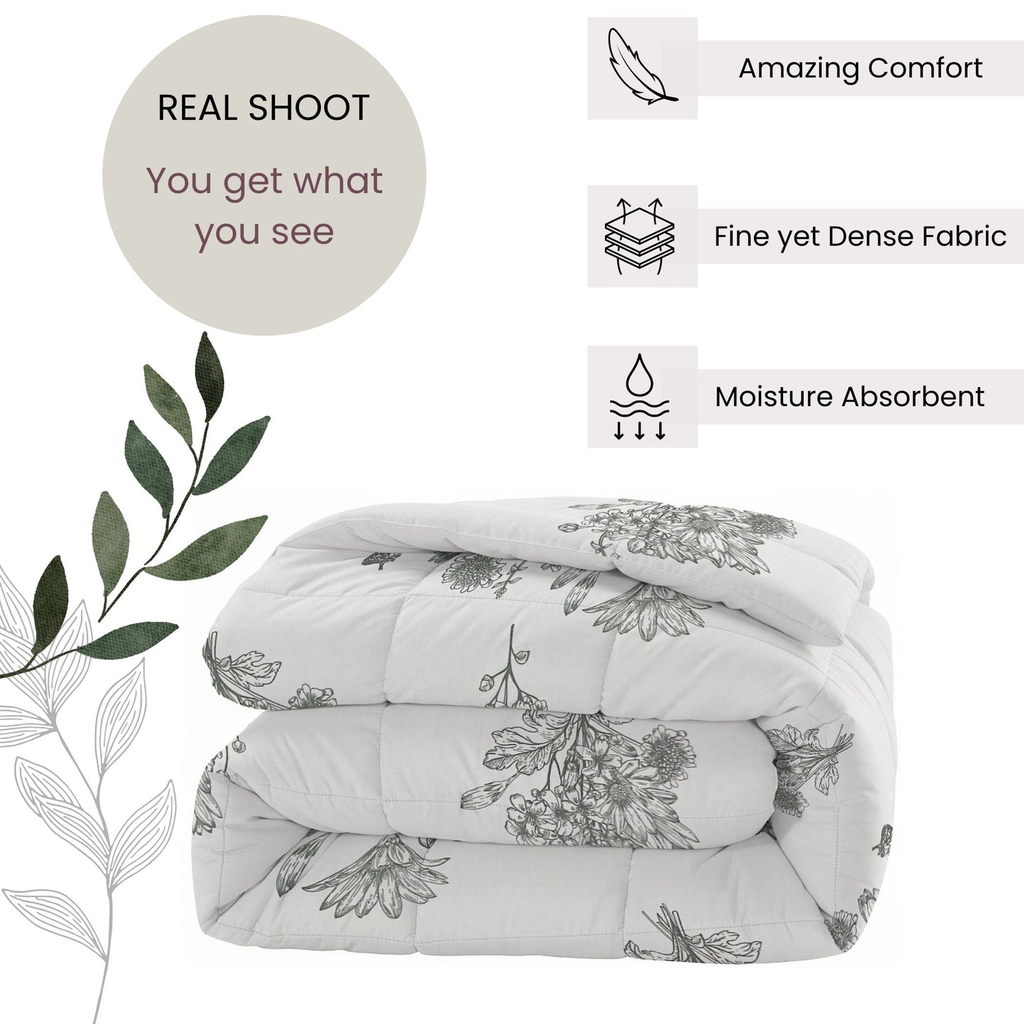 Elegant Grey Floral Printed Single  Bed Dohar - 150TC (90 × 100 Inches)