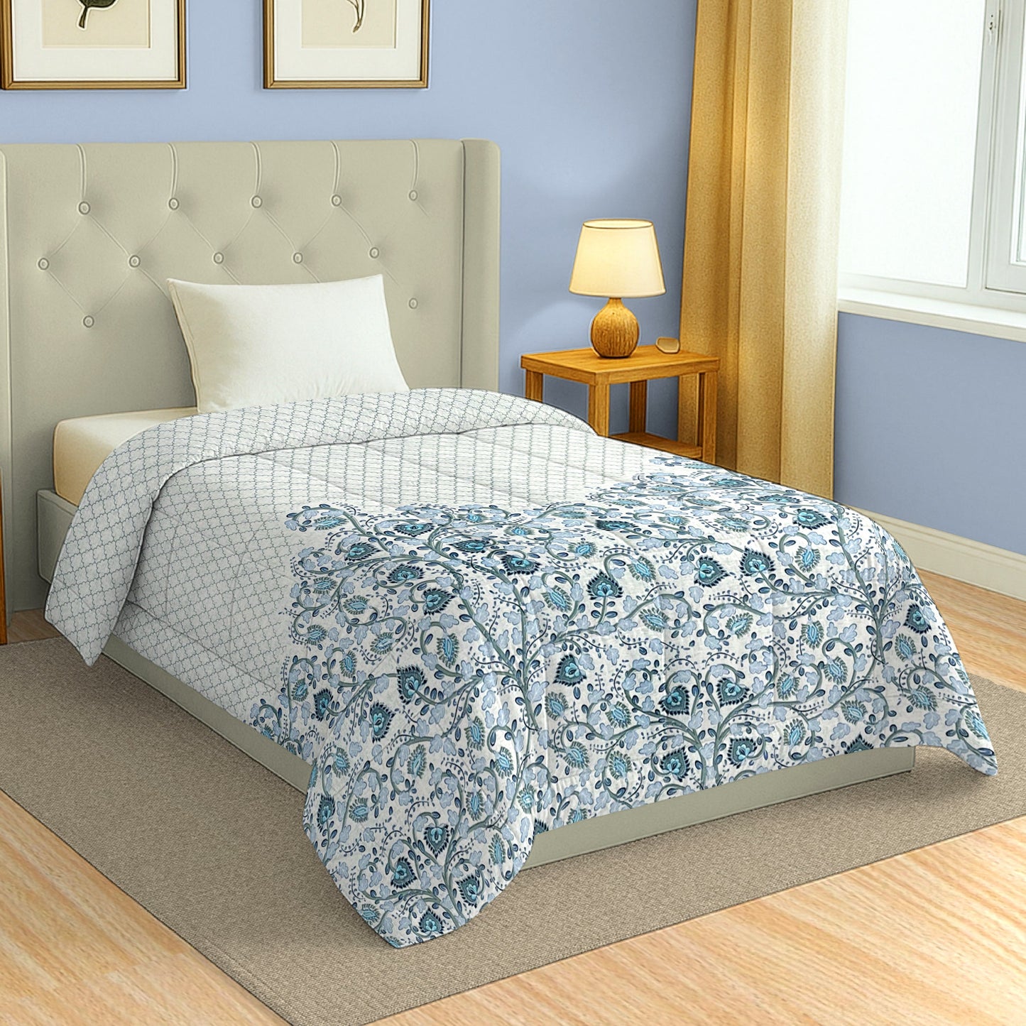 Blue Floral Printed Single Bed Dohar - Lightweight & Soft (60 × 90 Inches)
