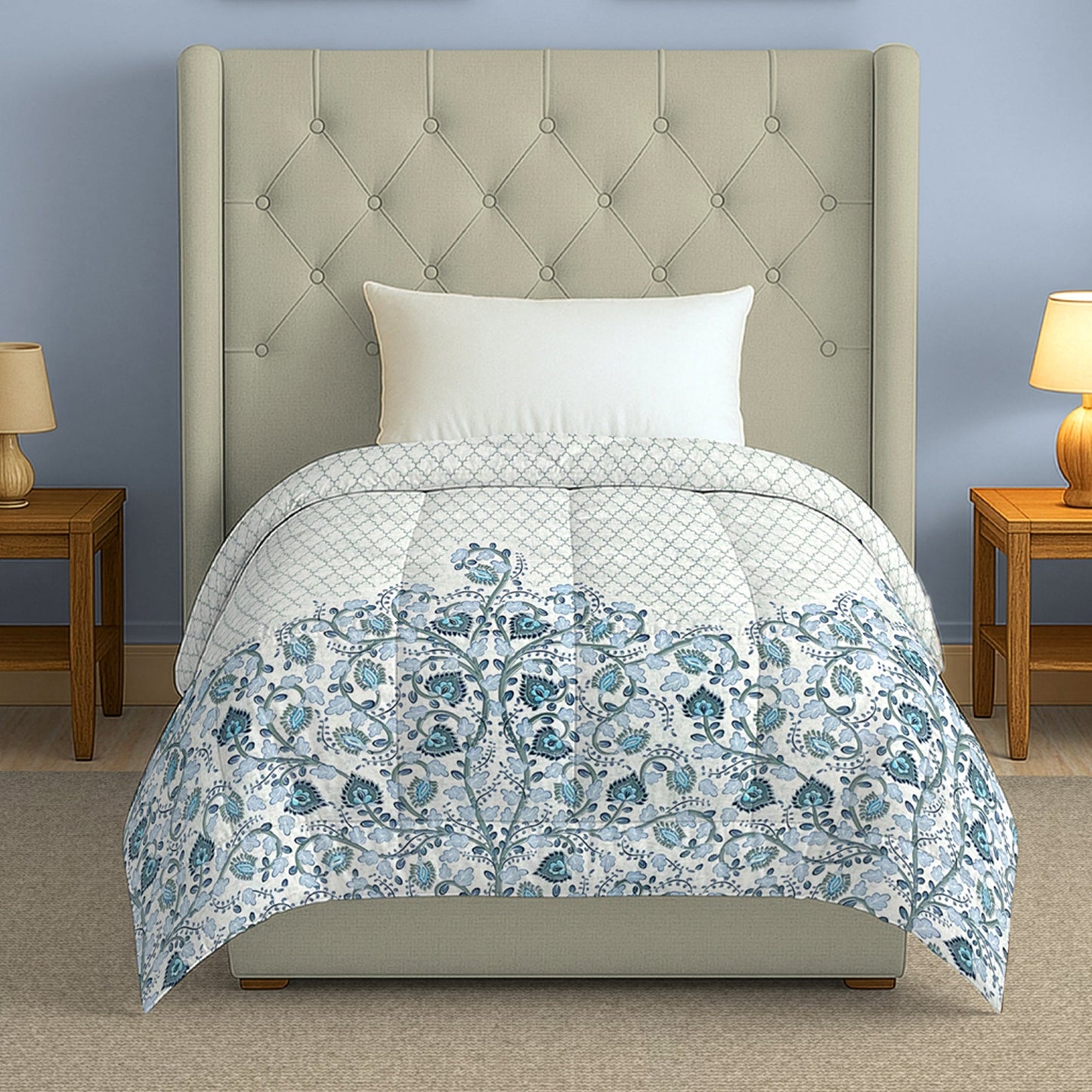 Blue Floral Printed Single Bed Dohar - Lightweight & Soft (60 × 90 Inches)