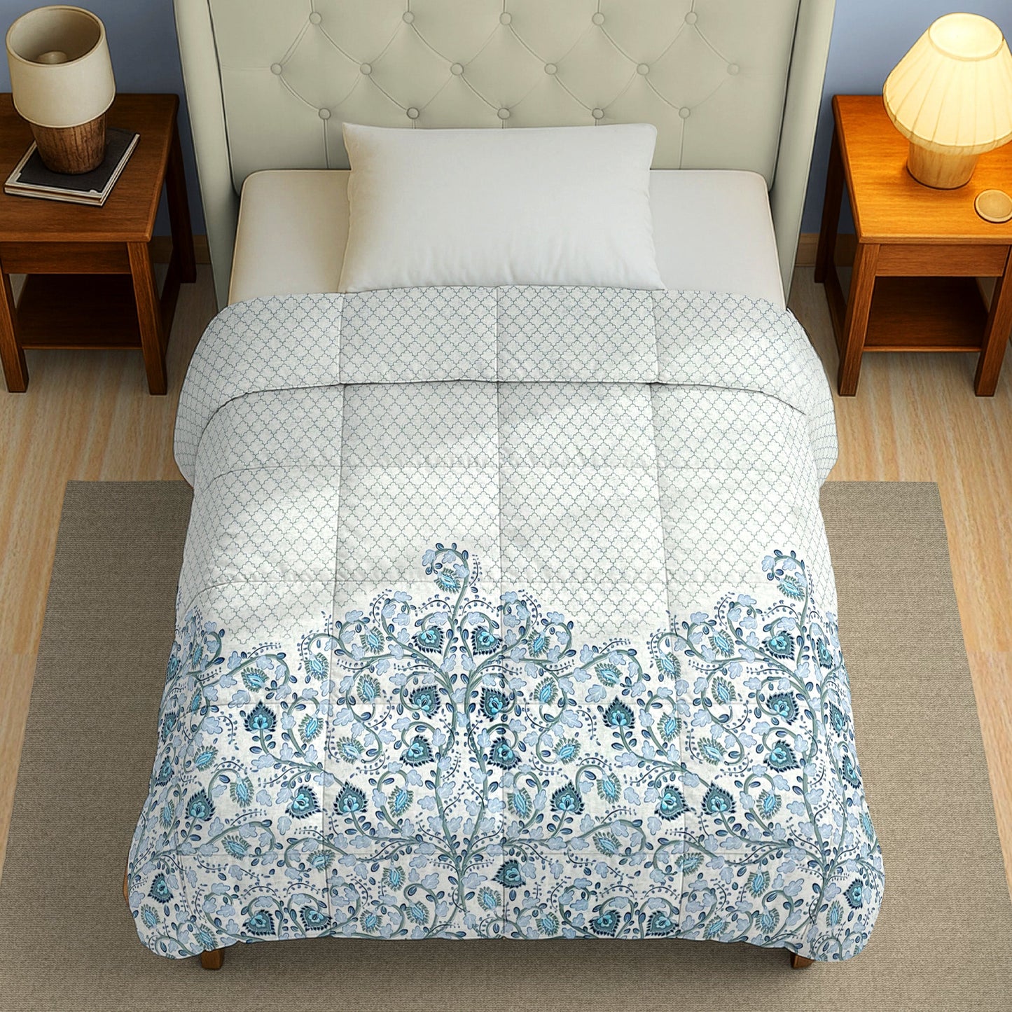 Blue Floral Printed Single Bed Dohar - Lightweight & Soft (60 × 90 Inches)