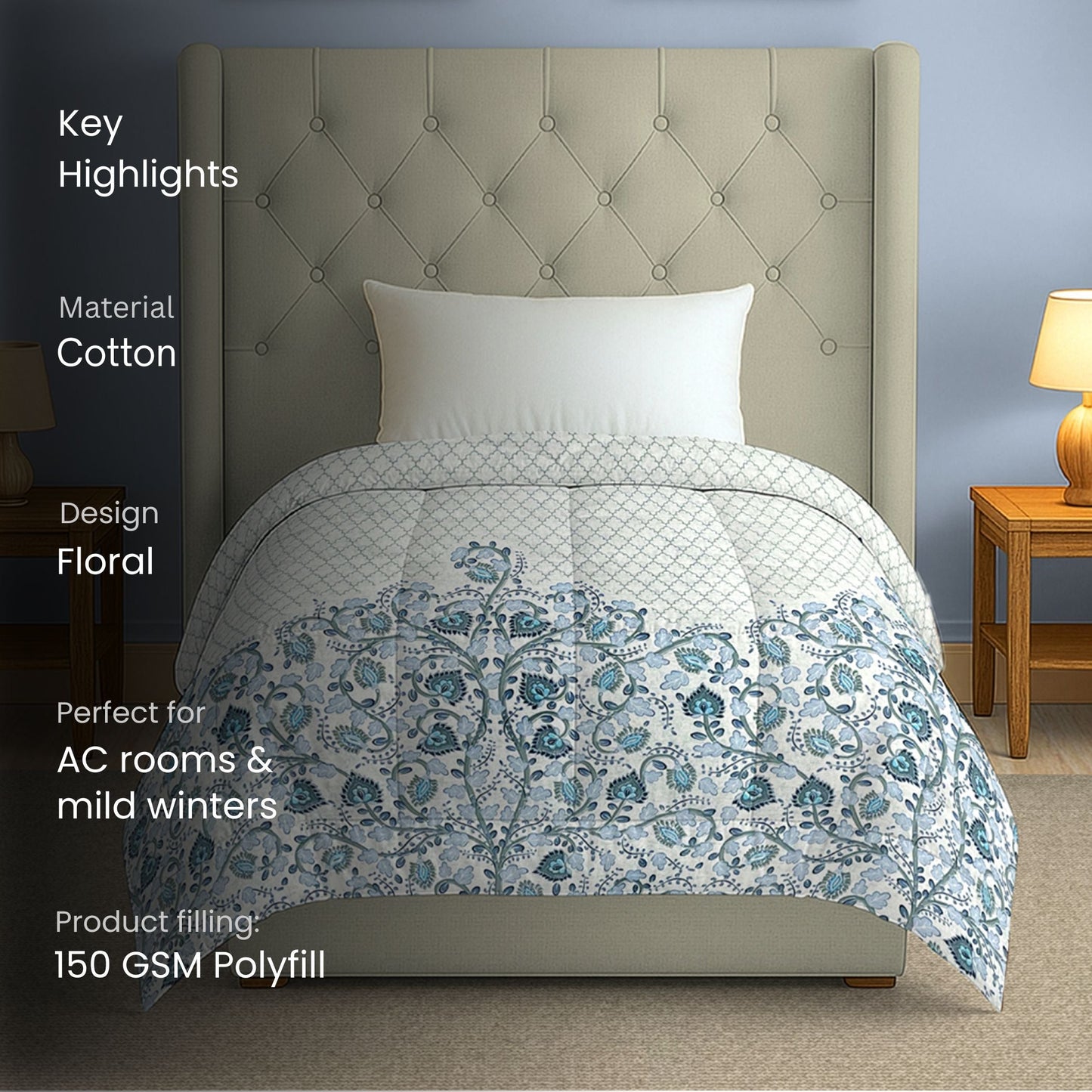 Blue Floral Printed Single Bed Dohar - Lightweight & Soft (60 × 90 Inches)